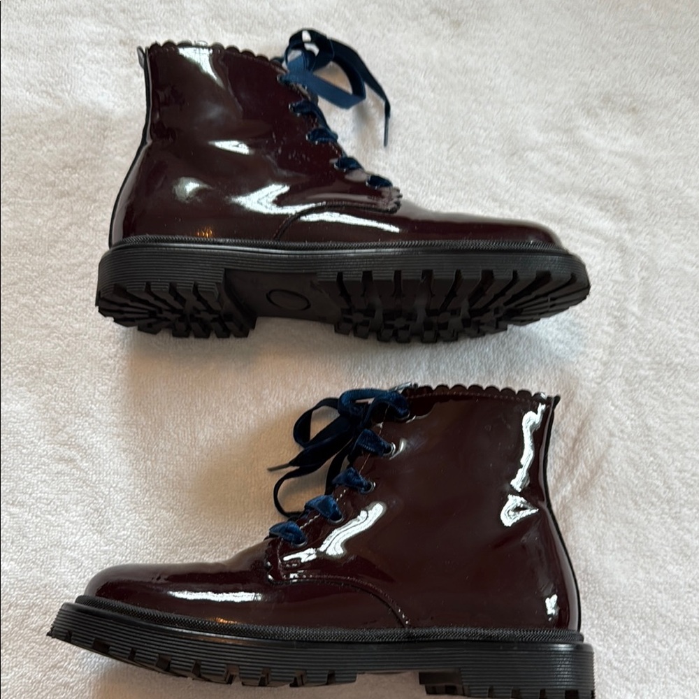 Jacadi Patent Leather Kids Boots - Burgundy with Navy Laces